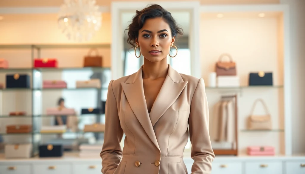 Showcase of Rivelle fashion featuring a model in an elegant boutique setting