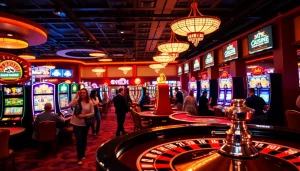 Engaging atmosphere in Alabama online casinos with players at slot machines and tables.