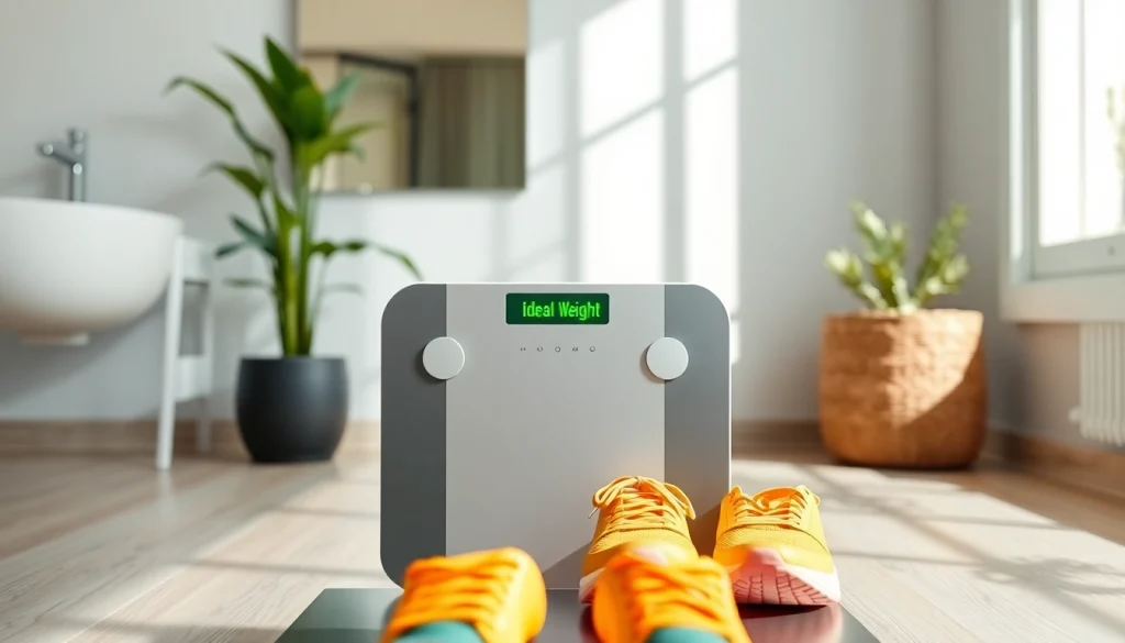Calculate your ideal weight with an innovative digital scale showcasing health metrics.