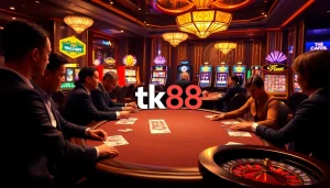 Engage in high-stakes poker action at tk88's luxurious casino tables with vibrant slot machines.