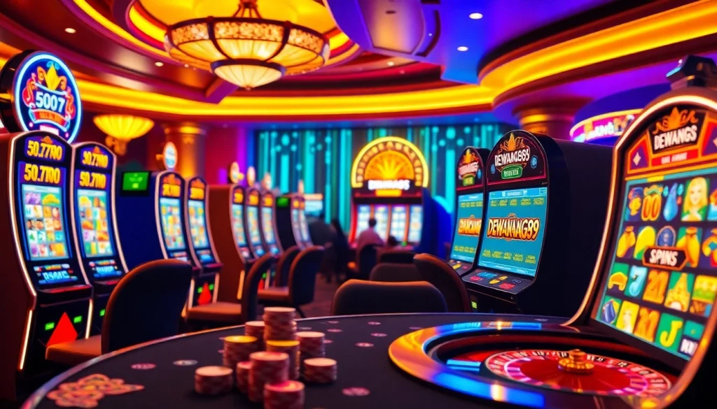 Pemain slot Dewanaga89 memutar gulungan di kasino yang penuh warna, dikelilingi oleh kegembiraan dan kemewahan.