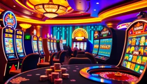 Pemain slot Dewanaga89 memutar gulungan di kasino yang penuh warna, dikelilingi oleh kegembiraan dan kemewahan.