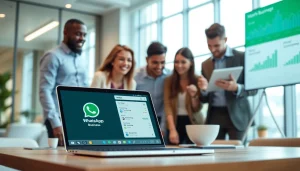 Showcase of professionals collaborating on WhatsApp Business CRM in a modern office, enhancing productivity.