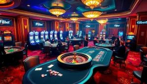 Action-packed scene of gamblers enjoying F8bet casino games with poker chips and roulette wheels.