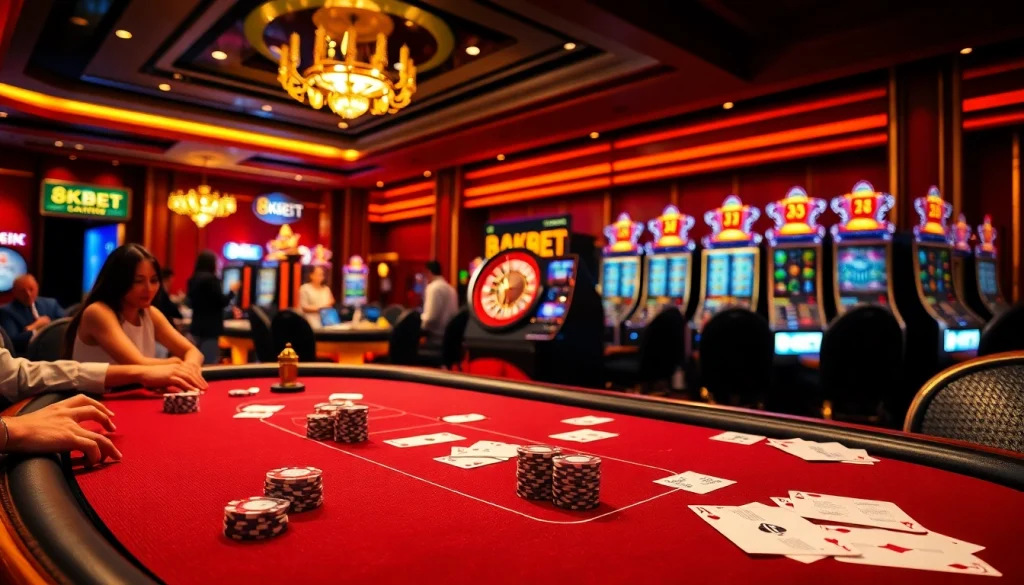 Exciting gaming experience at 8KBET with poker, roulette, and vibrant slot machines.
