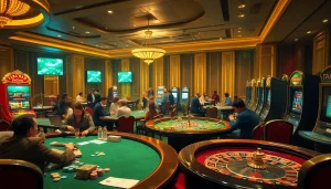 Exciting online gambling scene featuring TA88 with players at vibrant tables and slot machines.