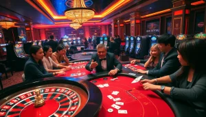 Exciting Game THABET scene with players enjoying poker and roulette in a vibrant casino.