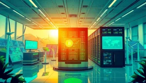 Dogecoin cloud mining earnings showcased in a modern, sustainable data center with renewable energy sources.