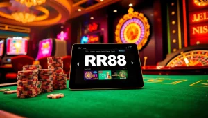RR88 showcases an elegant casino interface with vibrant poker chips and slot machines in action.