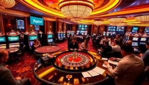 Exciting gambling atmosphere with 7upbet logo, roulette table, and eager players.