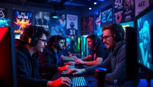 Gamers immersed in PC gaming news, surrounded by high-tech gear and vibrant lighting.