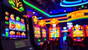 Menampilkan fitur slot depo 1k dengan pemain antusias bermain mesin slot, suasana ceria.