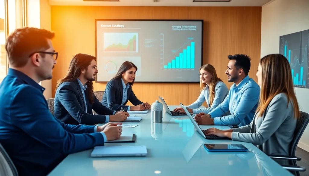 Analyze growth strategy trends in a modern business setting with professionals collaborating.