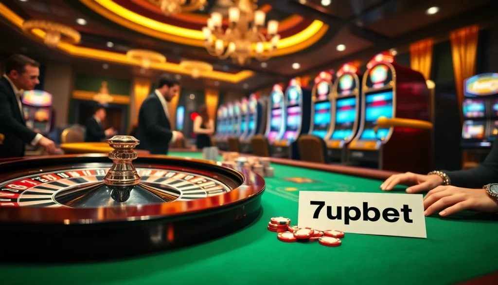 Experience thrilling gaming at 7upbet with an exciting casino scene featuring poker chips and roulette.