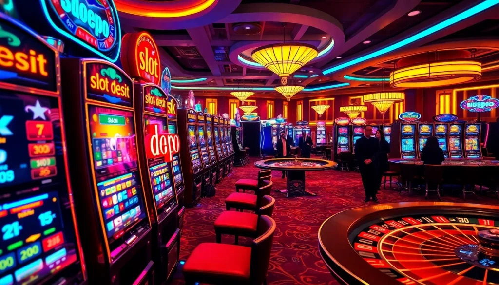 Engage in winning strategies at the slot depo 5k, featuring vibrant machines and rich casino ambiance.