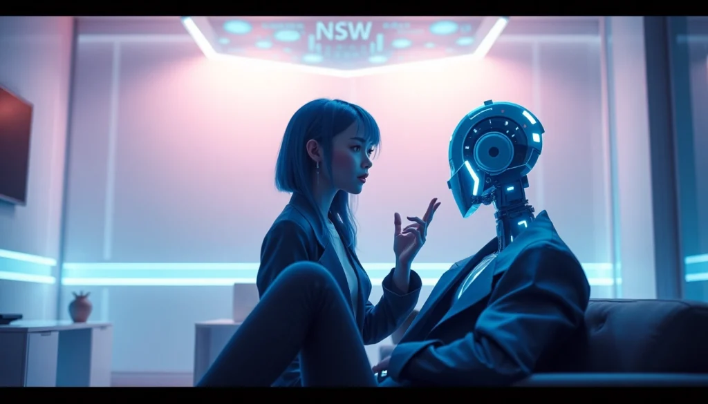 AI NSFW character in a modern setting, engaging in an intimate conversation with holographic interfaces.