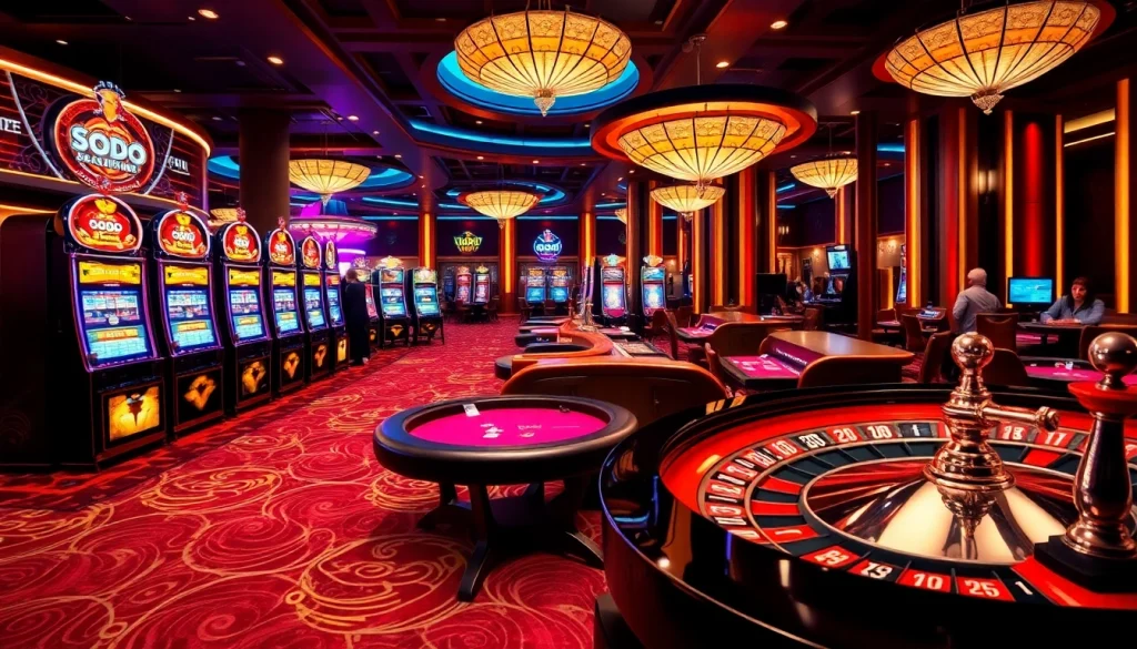 SODO Casino's vibrant gaming scene showcasing roulette, poker tables and slot machines for an exhilarating experience.