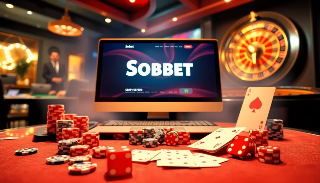 Experience the thrill with the Sbobet link alternatif surrounded by dice, poker chips, and a roulette wheel.