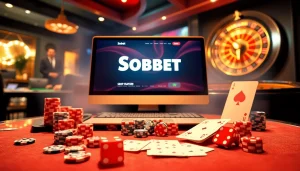 Experience the thrill with the Sbobet link alternatif surrounded by dice, poker chips, and a roulette wheel.