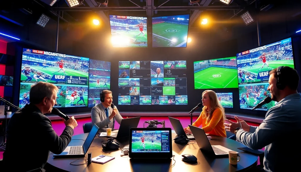 Hosts engaging in Sports Broadcasting live in a vibrant studio, showcasing dynamic displays.