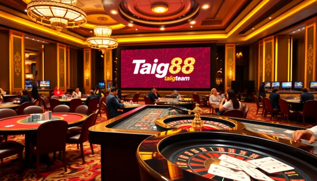 Exciting casino scene with gambling tables showcasing https://taigo88.team/ and players in action.