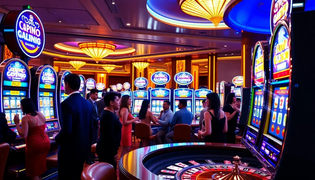 Players engaging with idn slot machines in a vibrant casino atmosphere.