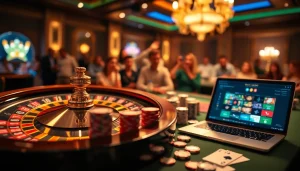 Adegan kasino yang mendebarkan menampilkan taruhan Depo 5k dengan chip poker dan roda roulette.