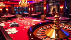 Experience thrilling html porn games at an elegant casino with vibrant tables and a spinning roulette.