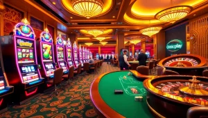 Engage in thrilling gameplay with onicplay's vibrant casino atmosphere featuring slot machines and poker tables.