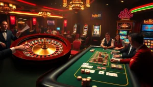 Hello88 casino scene showcasing excitement with players at a poker table and roulette wheel.