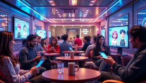 Vibrant scene of users engaging with character AI NSFW chatbots in a futuristic digital cafe.