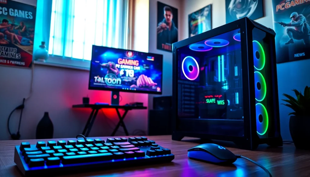 Engaging overview of PC gaming news with a vibrant gaming setup and hands-on technology.