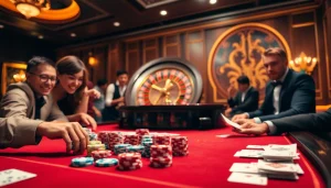 Engaging gamblers at nhà cái rr88's luxurious casino table with vibrant poker chips and cards.