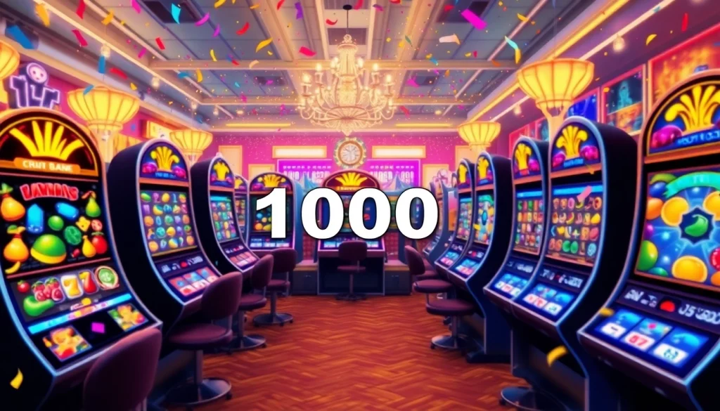 Slot depo 1000 menarik dengan suasana kasino cerah dan mesin slot berwarna-warni.