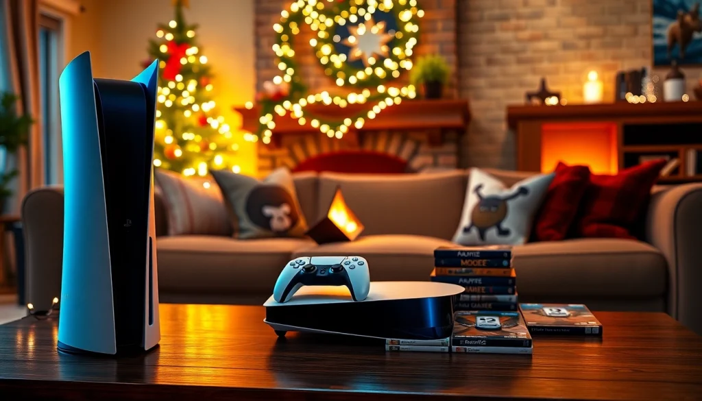 Shop the Walmart PS5 Black Friday deals featuring a cozy gaming setup with festive decor.