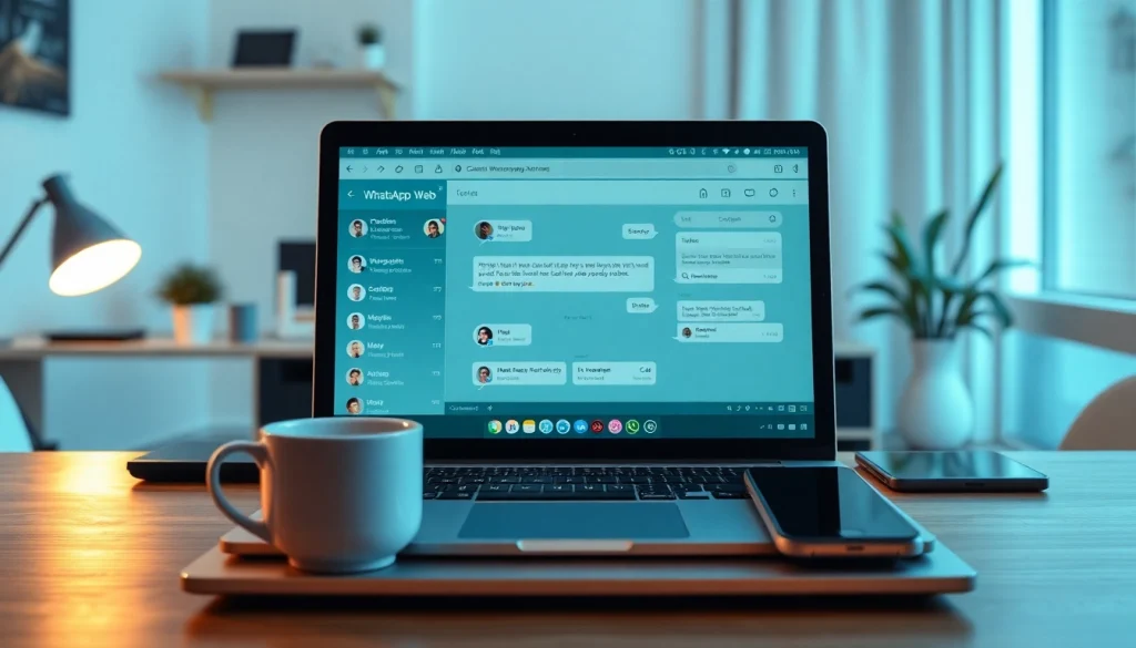 WhatsApp网页版界面在现代笔记本电脑上展示于时尚的家庭办公室中，提升数字沟通。
