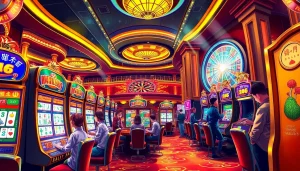 Enjoy an exciting mahjong slot demo experience with vibrant slot machines and enthusiastic players in a lively casino setting.