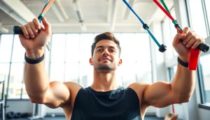 Fitness enthusiast using resistance bands for pull-ups in a bright gym.
