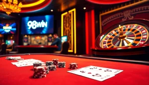 Experience the thrill of winning with 98WIN at a vibrant casino table filled with action and excitement.