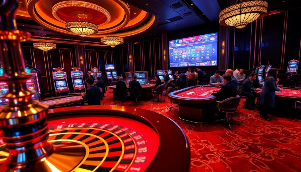 Players enjoy the electrifying atmosphere at MM 88 casino, surrounded by poker tables and slot machines.