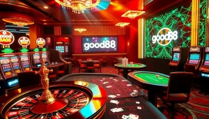 Experience thrilling gaming action with good88 in a luxurious casino atmosphere.