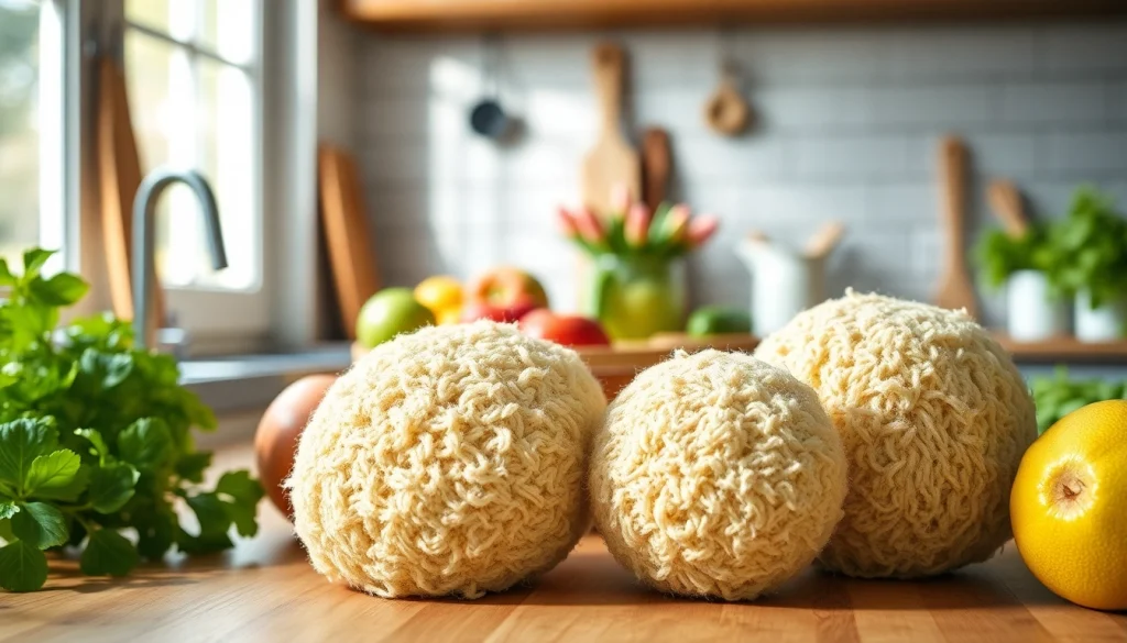 Highlighting kitchen loofah benefits with natural textures and organic elements.