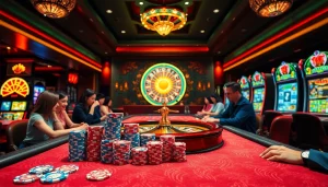 Engaging gamblers at a luxury table showcasing trang cá cược vua99 with poker chips and a roulette wheel.