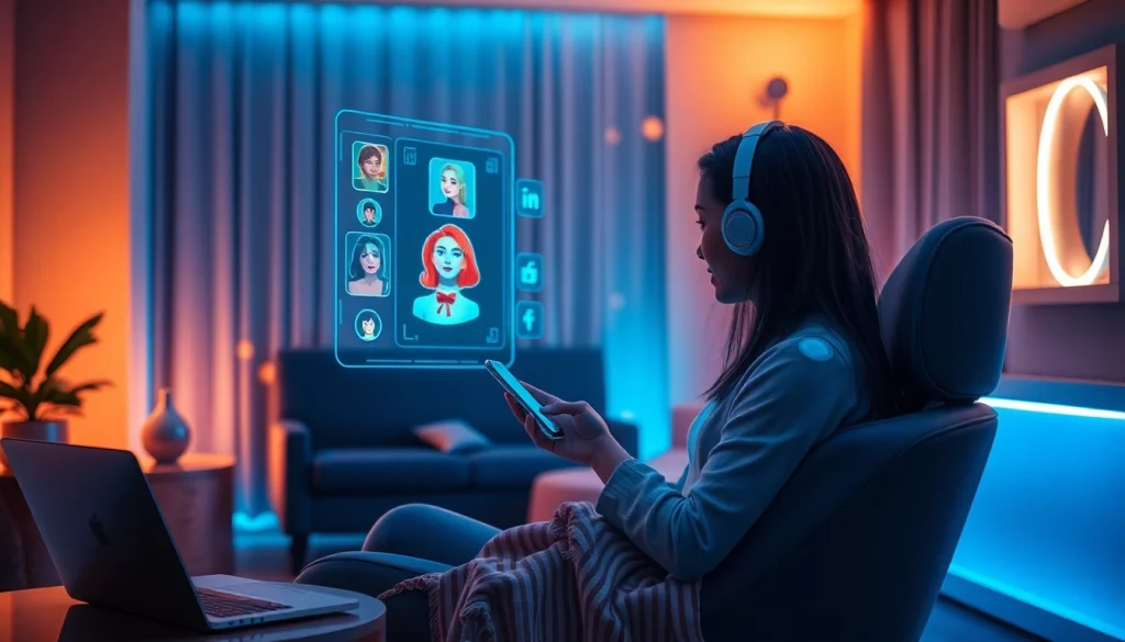 Engaging interaction with AI sex chatbot in a modern, cozy digital space