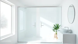 Showcasing sliding shower doors in a modern bathroom, featuring sleek glass design and bright ambiance.