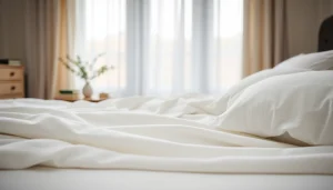 Geniet van het luxe gevoel van percale katoen beddengoed in een uitnodigende slaapkamer.