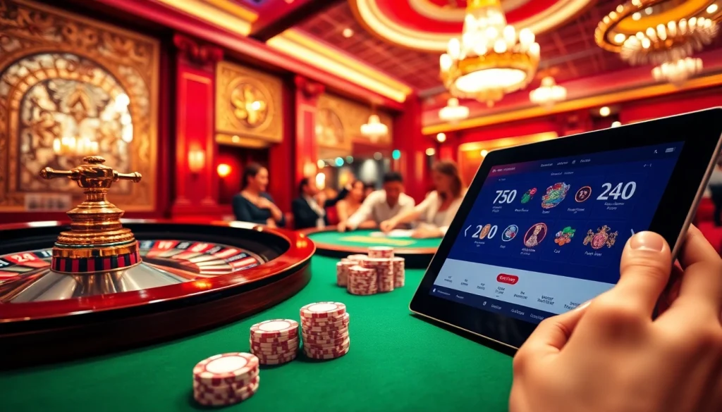 Une scène de casino vibrante mettant en avant une excitante roulette et une table de poker, soulignant le casino fiable en ligne.