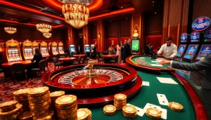 Scène d'un casino en ligne français vibrant avec une roulette, des jetons de poker et une atmosphère élégante.