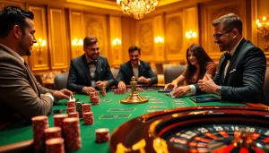 Excitation du jeu à une table de casino en ligne français professionnel avec des jetons de poker vibrants et des joueurs.
