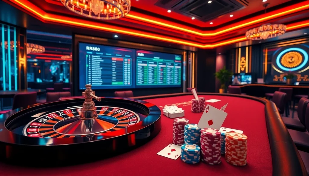 RR88 casino interface showcasing vibrant roulette and poker experiences with rich colors.